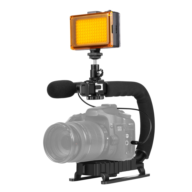 PULUZ U/C Shape Portable Handheld DV Bracket Stabilizer + LED Studio Light + Video Shotgun Microphone Kit with Cold Shoe Tripod Head  for All SLR Cameras and Home DV Camera, Bracket Kits + Mic + LED(US), Bracket + Mic + LED(AE), Bracket Kits + Mic + LED