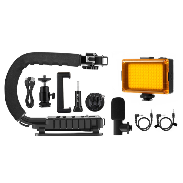 PULUZ U/C Shape Portable Handheld DV Bracket Stabilizer + LED Studio Light + Video Shotgun Microphone Kit with Cold Shoe Tripod Head  for All SLR Cameras and Home DV Camera, Bracket Kits + Mic + LED(US), Bracket + Mic + LED(AE), Bracket Kits + Mic + LED