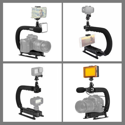 PULUZ U/C Shape Portable Handheld DV Bracket Stabilizer + LED Studio Light + Video Shotgun Microphone Kit with Cold Shoe Tripod Head  for All SLR Cameras and Home DV Camera, Bracket Kits + Mic + LED(US), Bracket + Mic + LED(AE), Bracket Kits + Mic + LED