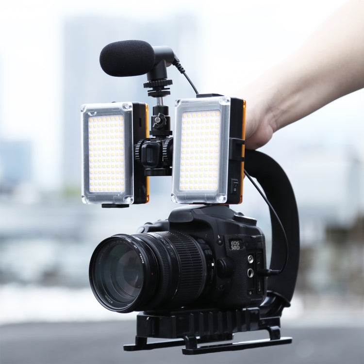 PULUZ U/C Shape Portable Handheld DV Bracket Stabilizer + LED Studio Light + Video Shotgun Microphone Kit with Cold Shoe Tripod Head  for All SLR Cameras and Home DV Camera, Bracket Kits + Mic + LED(US), Bracket + Mic + LED(AE), Bracket Kits + Mic + LED