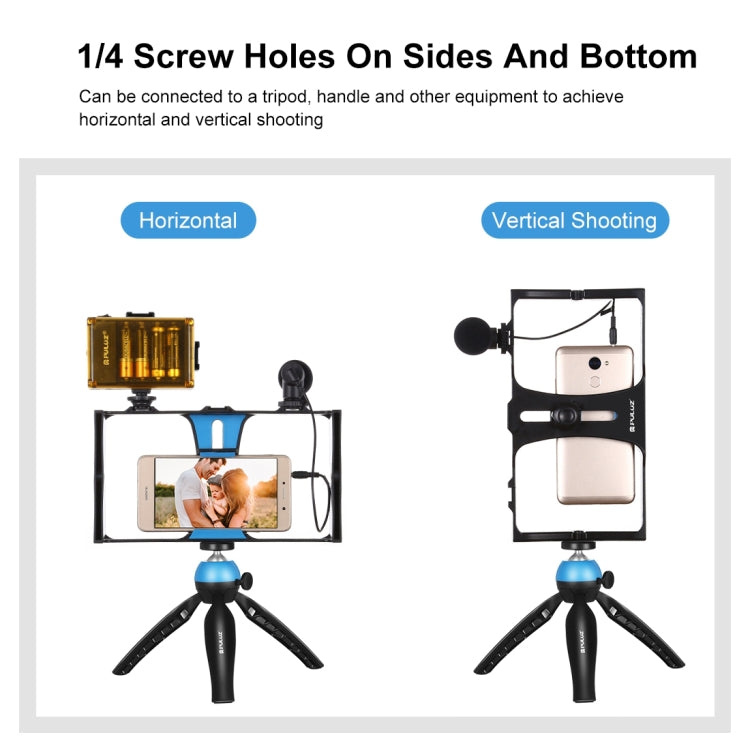 PULUZ 4 in 1 Vlogging Live Broadcast LED Selfie Light Smartphone Video Rig Kits with Microphone + Tripod Mount + Cold Shoe Tripod Head for iPhone, Galaxy, Huawei, Xiaomi, HTC, LG, Google, and Other Smartphones, 4-in-1(Blue), 4 in 1