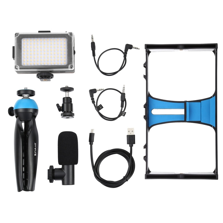 PULUZ 4 in 1 Vlogging Live Broadcast LED Selfie Light Smartphone Video Rig Kits with Microphone + Tripod Mount + Cold Shoe Tripod Head for iPhone, Galaxy, Huawei, Xiaomi, HTC, LG, Google, and Other Smartphones, 4-in-1(Blue), 4 in 1