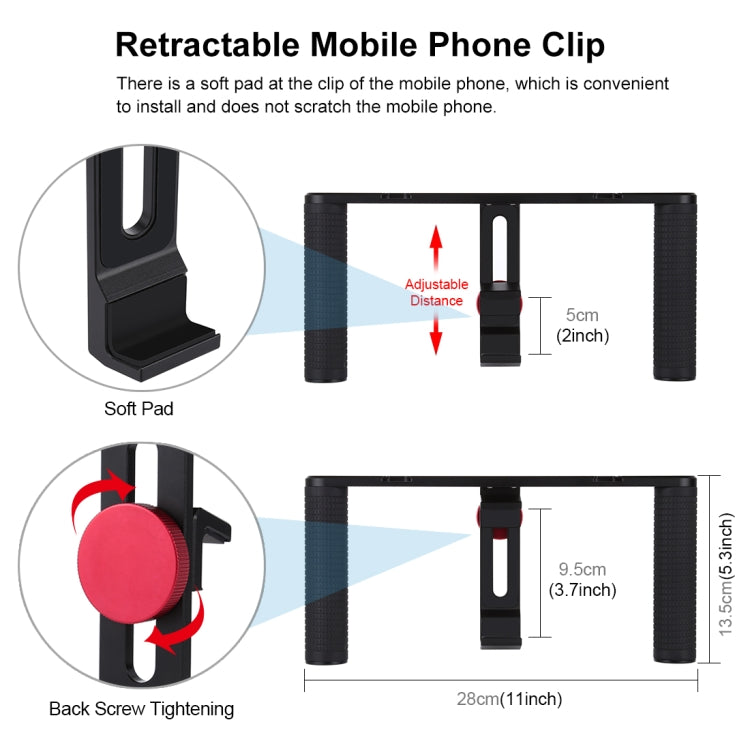 PULUZ 4 in 1 Vlogging Live Broadcast LED Selfie Light Smartphone Video Rig Handle Stabilizer Aluminum Bracket Kits with Microphone + Tripod Mount + Cold Shoe Tripod Head, Aluminum Bracket Kits