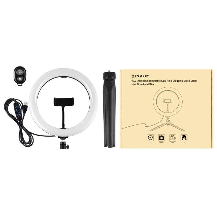 PULUZ 10.2 inch 26cm Light + Desktop Tripod Mount USB 3 Modes Dimmable Dual Color Temperature LED Curved Diffuse Light Ring Vlogging Selfie Photography Video Lights with Phone Clamp, 10.2 inch + Desktop Tripod, 10.2 inch Curved+Tripod