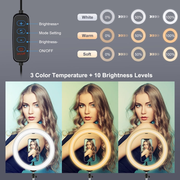 PULUZ 10.2 inch 26cm Light + Desktop Tripod Mount USB 3 Modes Dimmable Dual Color Temperature LED Curved Diffuse Light Ring Vlogging Selfie Photography Video Lights with Phone Clamp, 10.2 inch + Desktop Tripod, 10.2 inch Curved+Tripod