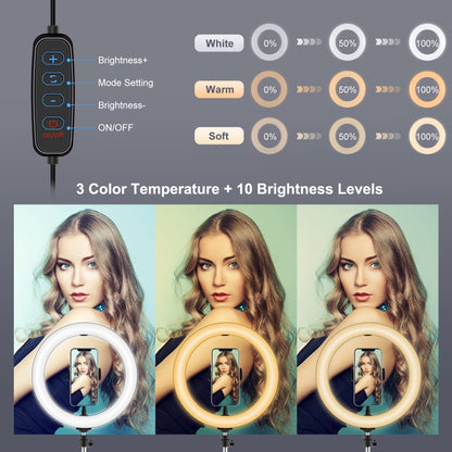PULUZ 10.2 inch 26cm Light + Desktop Tripod Mount USB 3 Modes Dimmable Dual Color Temperature LED Curved Diffuse Light Ring Vlogging Selfie Photography Video Lights with Phone Clamp, 10.2 inch + Desktop Tripod, 10.2 inch Curved+Tripod