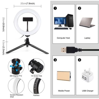 PULUZ 7.9 inch 20cm Light + Desktop Tripod Mount USB 3 Modes Dimmable Dual Color Temperature LED Curved Light Ring Vlogging Selfie Beauty Photography Video Lights with Phone Clamp, 7.9 inch + Desktop Tripod, 7.9 inch+Tripod