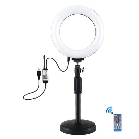 PULUZ 6.2 inch 16cm RGBW Light + Round Base Desktop Holder USB Dimmable LED Ring Vlogging Photography Video Lights with Cold Shoe Tripod Ball Head & Remote Control, Desktop Mount + 6.2 inch RGBW / Remote