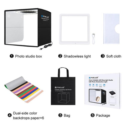 PULUZ 25cm Folding Portable High CRI Ring LED Photo Lighting Studio Tent Box + Shadowless Light Lamp Panel Pad with 12 Colors Backdrops, Size: 25cm x 25cm x 25cm, 25cm High CRI Box + Shadowless Light, 25cm High CRI Box + Shadowless Light (RU)