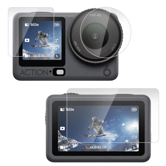 Voor DJI Osmo Action 6 / 6 Pro PULUZ-lens + gehard glazen beschermfolie voor voor- en achterkant, gehard glazen beschermfolie
