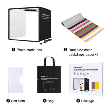 PULUZ 25cm Folding Portable Ring Light Photo Lighting Studio Shooting Tent Box with 12 Colors Backdrops, Size: 25cm x 25cm x 25cm, 25cm High CRI Box