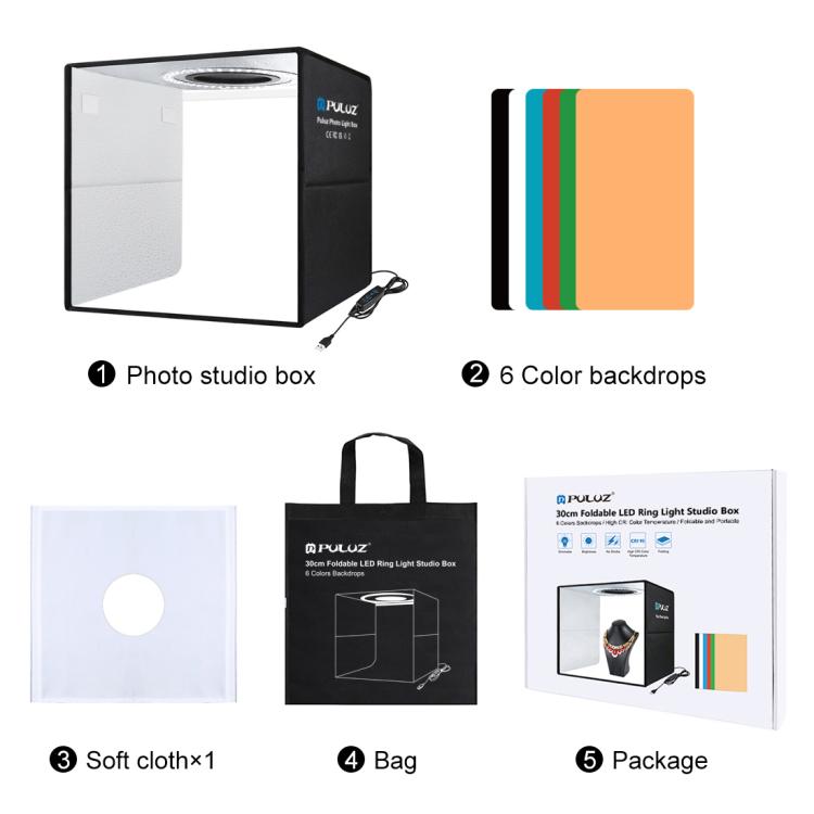 PULUZ 30cm Folding Ring Light Photo Lighting Studio Shooting Tent Box Kit with 6 Colors Black / White / Orange / Red / Green / Blue Backdrops, 30cm Box Black, 30cm Box Black RU, 30cm Box Green RU, 30cm Box Green