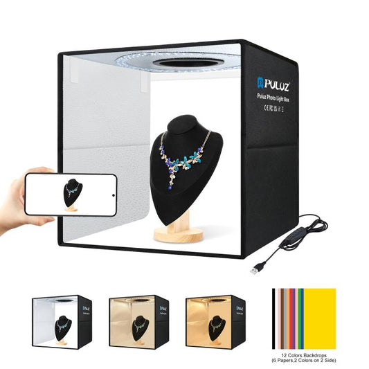 PULUZ 40cm Folding Portable Ring Light USB Photo Lighting Studio Shooting Tent Box with 6 x Dual-side Color Backdrops, Size: 40cm x 40cm x 40cm, 40cm Box Black RU, 40cm