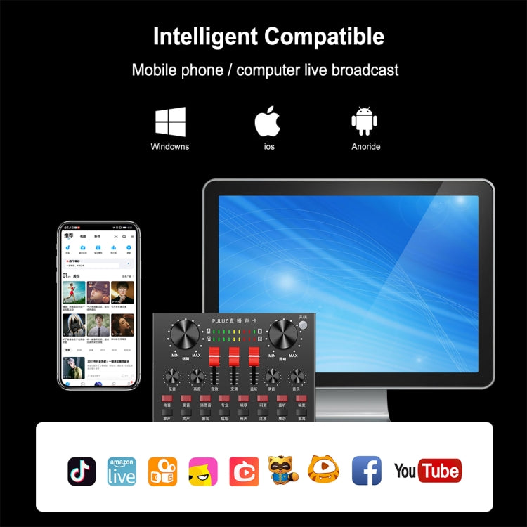 PULUZ Live Broadcasting Sound Card Bluetooth Karaoke Singing Recording Sound Mixer for Mobile Phone / Computer / Laptop / Tablet PC, Chinese Version, Chinese Version