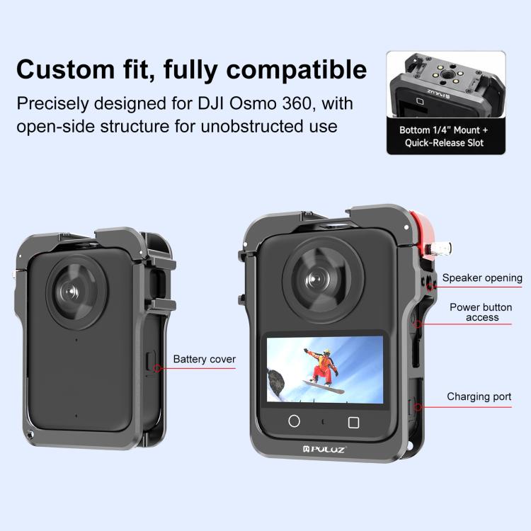 Pour cadre d'expansion de cage de protection en alliage d'aluminium PULUZ pour DJI Osmo 360 avec cache d'objectif, cage de protection