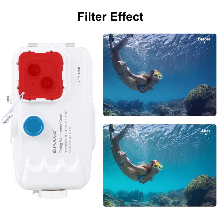 PULUZ Étui de plongée étanche 40m/130ft pour iPhone 16 / 15 / 15 Pro / 14 / 14 Pro / 13 / 13 Pro / 12 / 12 Pro, avec valve unidirectionnelle, pour la prise de photos et vidéos sous-marines, pour iPhone 16 / 15 / 15 Pro