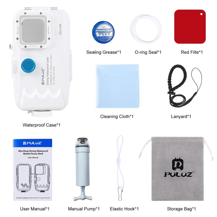 PULUZ 40m/130ft Waterproof Diving Case for iPhone 16 / 15 / 15 Pro / 14 / 14 Pro / 13 / 13 Pro / 12 / 12 Pro, with One-way Valve Photo Video Taking Underwater Housing Cover, For iPhone 16 / 15 / 15 Pro, For iPhone 14 / 14 Pro