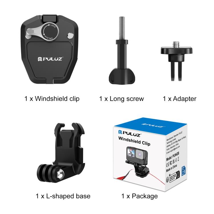 PULUZ Support de Caméra d'Action pour Pare-Brise de Moto pour GoPro Hero12 Black / DJI Osmo Action 4 / Insta360 X4 / Ace Pro et Autres Caméras d'Action, Clip de Pare-Brise I
