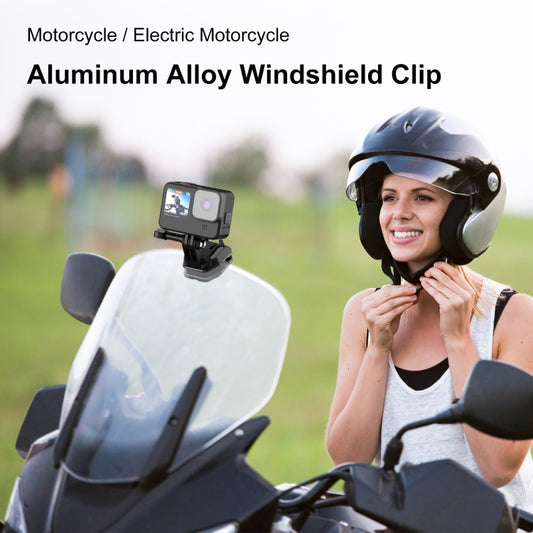 PULUZ Motorcycle Windshield Action Camera Mount Clip for GoPro Hero12 Black / DJI Osmo Action 4 / Insta360 X4 / Ace Pro and Other Action Cameras