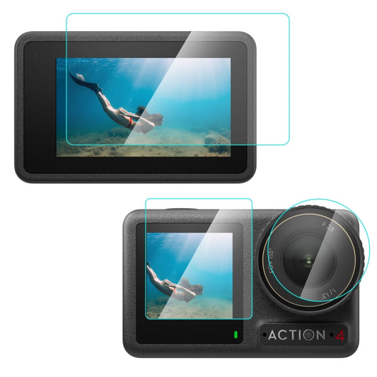 Para DJI Osmo Action 4, PULUZ 3 en 1 Lente Lente Frontal y Pantalla Trasera Protector de Pantalla de Vidrio Templado Antiexplosión, Para DJI Osmo Action 4