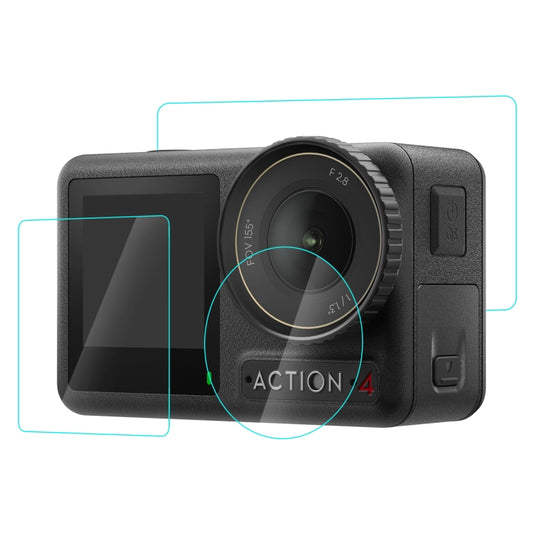 Para DJI Osmo Action 4, PULUZ 3 en 1 Lente Lente Frontal y Pantalla Trasera Protector de Pantalla de Vidrio Templado Antiexplosión, Para DJI Osmo Action 4