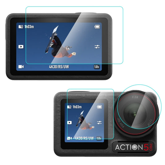 Protector de pantalla de cristal templado PULUZ 3 en 1 para lente frontal y trasera de DJI Osmo Action 5 Pro, a prueba de explosiones.