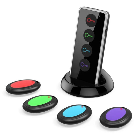 Localizador de llaves inalámbrico con control remoto inteligente y linterna LED, 1 transmisor RF y 4 receptores.