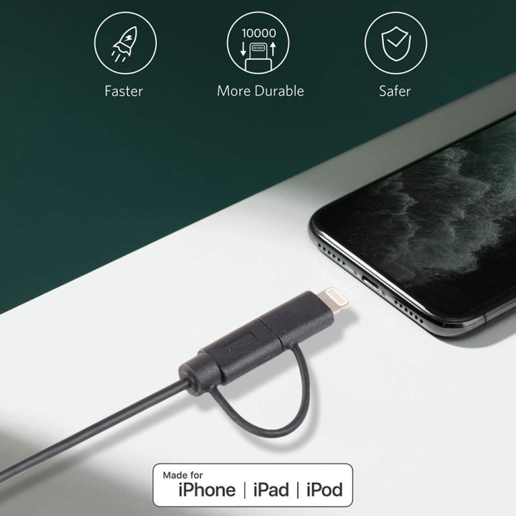 Câble de synchronisation et de charge USB 2-en-1 1 m MFI 8 broches + micro USB 2.0 mâle vers USB