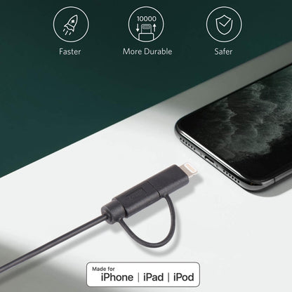 Câble de synchronisation et de charge USB 2-en-1 1 m MFI 8 broches + micro USB 2.0 mâle vers USB