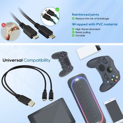 USB 2.0 Male to 2 Micro USB Male Cable, Length: About 30cm, USB 2.0 AM  to 2 Micro USB