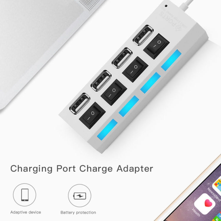 4 Ports USB Hub 2.0 USB Splitter High Speed 480Mbps with ON/OFF Switch, 4 LED, 4 Ports (White)