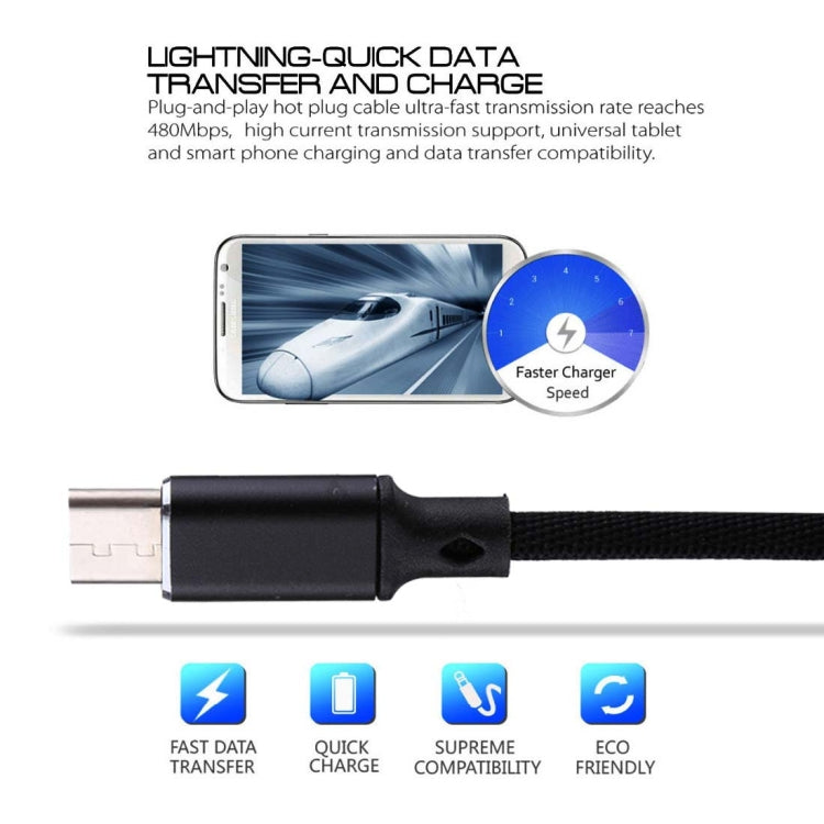 1m 2A Output USB to USB-C / Type-C Nylon Weave Style Data Sync Charging Cable, 2A Black, 2A Pink, 2A Grey, 2A Red, 2A White