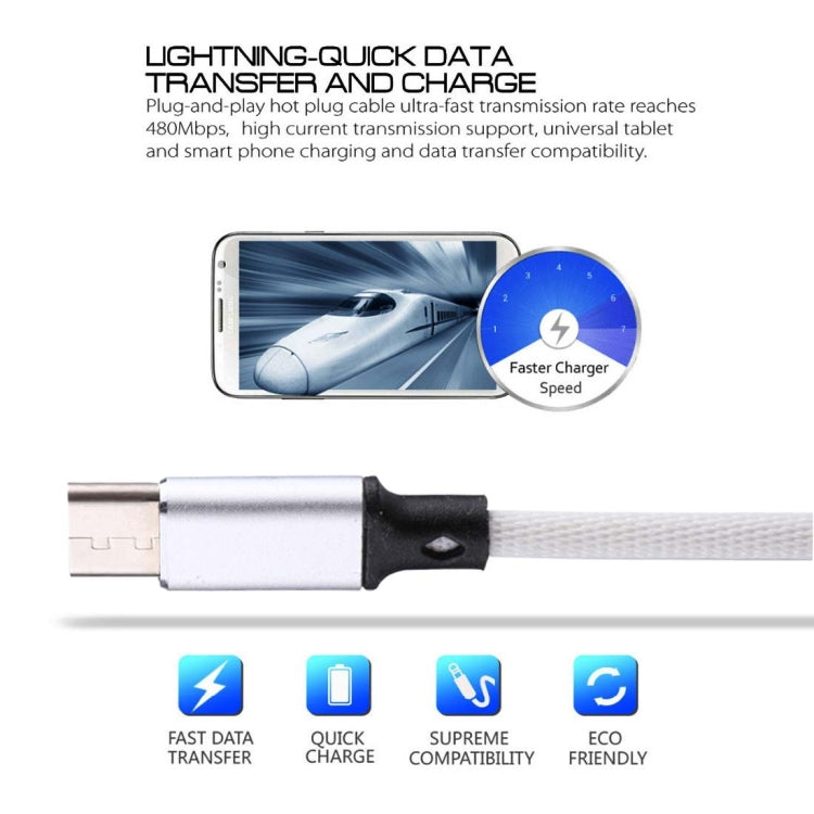 1m 2A Output USB to USB-C / Type-C Nylon Weave Style Data Sync Charging Cable, 2A White, 2A Black, 2A Pink, 2A Grey, 2A Red