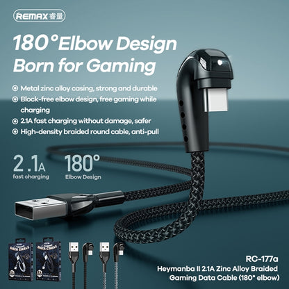 REMAX RC-177a Heymanba II 2.1A USB to USB-C / Type-C 180 Degrees Elbow Zinc Alloy Braided Gaming Data Cable, Cable Length: 1m, RC-177a