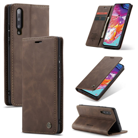 CaseMe-013 Étui en cuir multifonctionnel rétro dépoli à rabat horizontal pour Galaxy A70, avec fente pour carte et support et portefeuille zippé et cadre photo, pour Galaxy A70