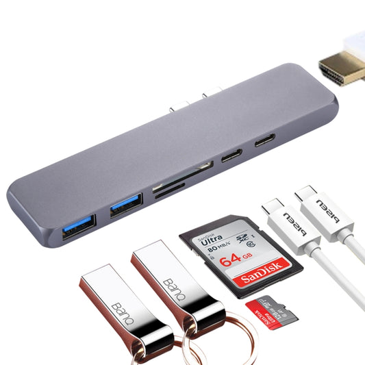 Multi-function Aluminium Alloy Dual USB-C / Type-C HUB Adapter with HDMI Female & 2 x USB 3.0 Ports & 2 x USB-C / Type-C Ports & SD Card Slot & TF Card Slot, HDMI+2xUSB 3.0+2xType-C+Micro SD+SD