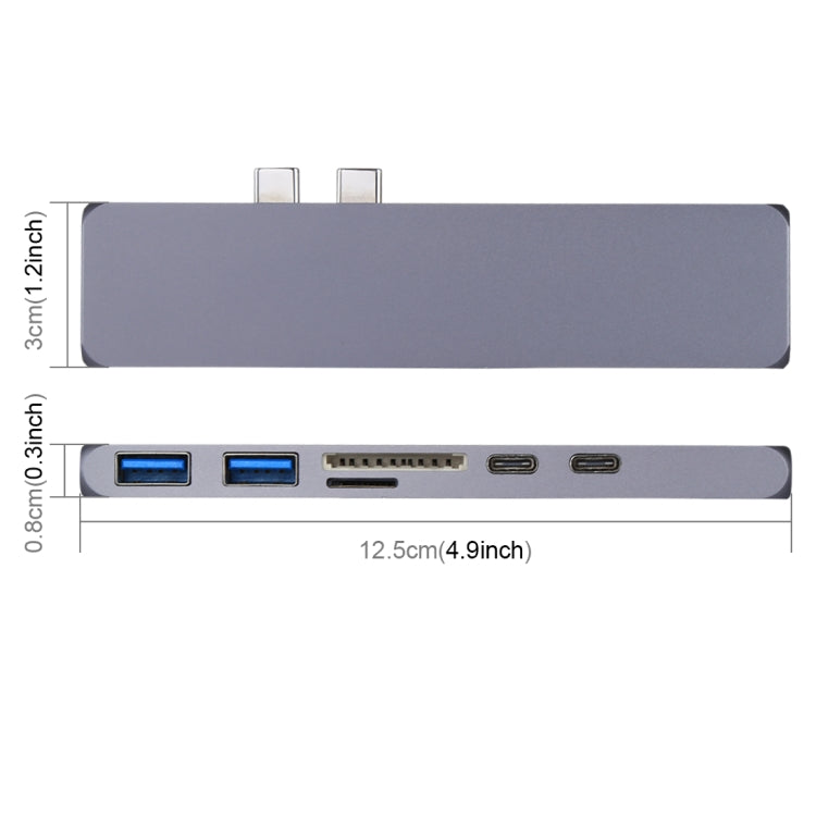 Multi-function Aluminium Alloy Dual USB-C / Type-C HUB Adapter with HDMI Female & 2 x USB 3.0 Ports & 2 x USB-C / Type-C Ports & SD Card Slot & TF Card Slot, HDMI+2xUSB 3.0+2xType-C+Micro SD+SD
