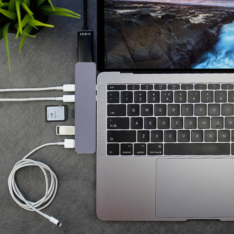 Multi-function Aluminium Alloy Dual USB-C / Type-C HUB Adapter with HDMI Female & 2 x USB 3.0 Ports & 2 x USB-C / Type-C Ports & SD Card Slot & TF Card Slot, HDMI+2xUSB 3.0+2xType-C+Micro SD+SD