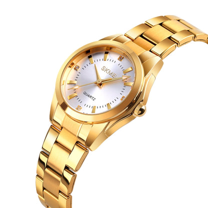 SKmei 1620 Zarte Strass-Uhr Kreative Freizeit Wasserdichte Quarz-Damenuhr mit Stahlarmband