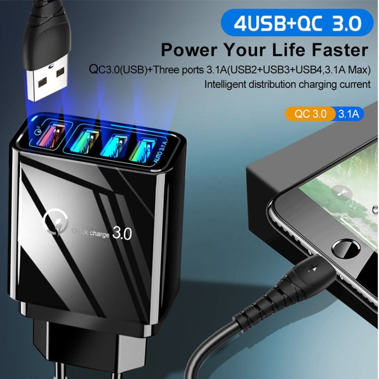 2 in 1 1m USB to 8 Pin Data Cable + 30W QC 3.0 4 USB Interfaces Mobile Phone Tablet PC Universal Quick Charger Travel Charger Set, EU Plug, 8 Pin Set EU Plug