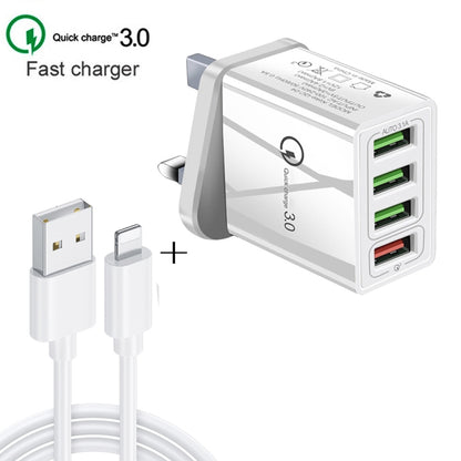 2 in 1 1m USB to 8 Pin Data Cable + 30W QC 3.0 4 USB Interfaces Mobile Phone Tablet PC Universal Quick Charger Travel Charger Set, UK Plug, 8 Pin Set UK Plug