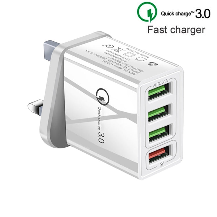 2 in 1 1m USB to 8 Pin Data Cable + 30W QC 3.0 4 USB Interfaces Mobile Phone Tablet PC Universal Quick Charger Travel Charger Set, UK Plug, 8 Pin Set UK Plug
