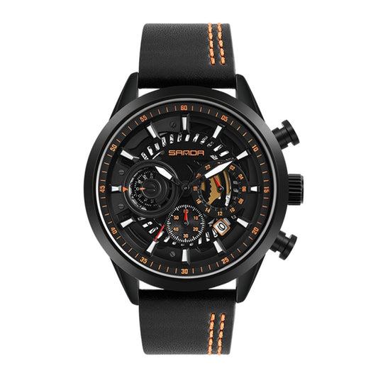 Montre homme SANDA 5010P à six broches, grand cadran, étanche, trois compteurs, bracelet en cuir, tendance.
