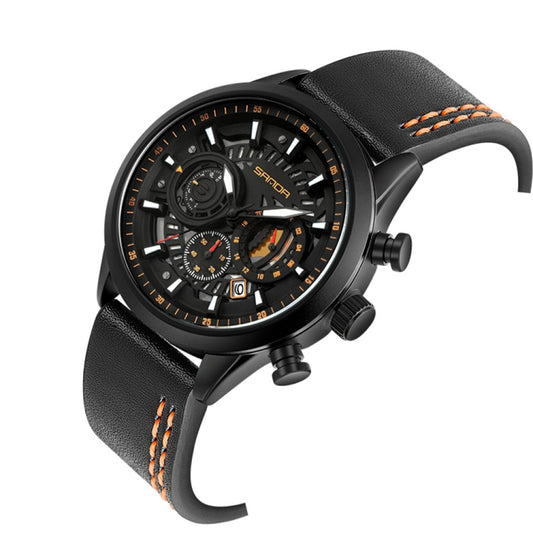 Montre homme SANDA 5010P à six broches, grand cadran, étanche, trois compteurs, bracelet en cuir, tendance.