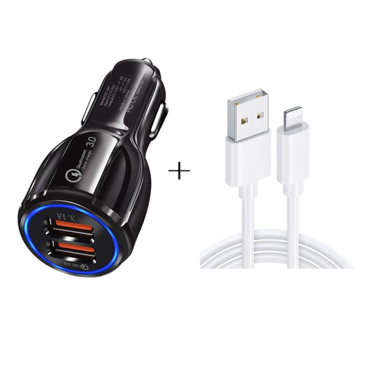 Kit de chargement de voiture double USB Qc3.0 + câble de charge rapide 8 broches, 8 broches (noir), 8 broches (blanc)