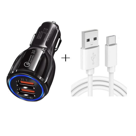 Kit de chargement de voiture double USB Qc3.0 + câble de charge rapide Type-C, Type-C (noir), Type-C (blanc)