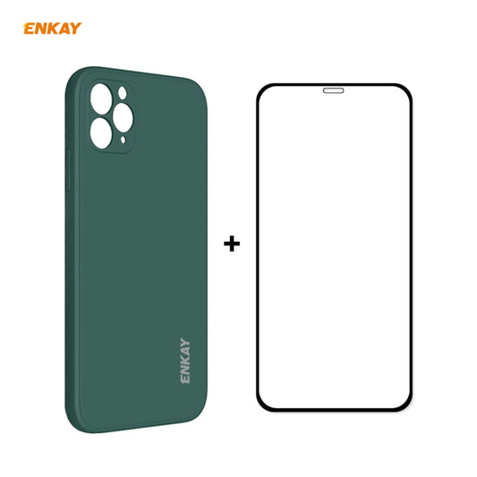 Für iPhone 11 Pro Max Hat-Prince ENKAY ENK-PC0662 Flüssige Silikon-Schutzhülle mit geradem Rand und Stoßschutz + 0,26 mm 9H 2,5D Vollverklebte Vollflächige Displayschutzfolie aus gehärtetem Glas, für iPhone 11 Pro Max
