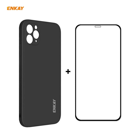 Für iPhone 11 Pro Max Hat-Prince ENKAY ENK-PC0662 Flüssige Silikon-Schutzhülle mit geradem Rand und Stoßschutz + 0,26 mm 9H 2,5D Vollverklebte Vollflächige Displayschutzfolie aus gehärtetem Glas, für iPhone 11 Pro Max