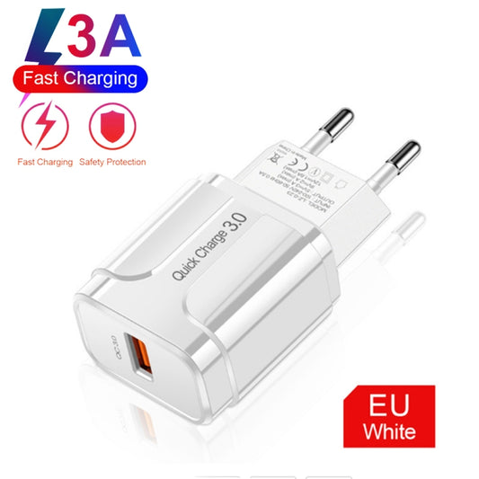 LZ-023 18W QC 3.0 USB Portable Travel Charger + 3A USB to Micro USB Data Cable, EU Plug, Micro USB Data Cable, EU Plug
