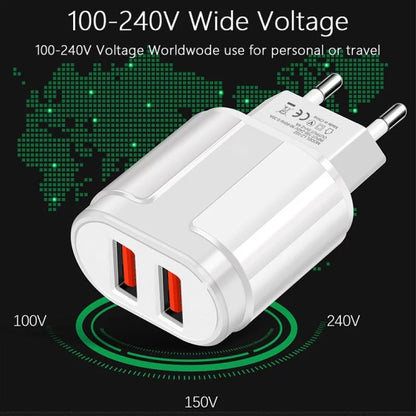 Dual USB Portable Travel Charger + 1 Meter USB to Type-C Data Cable, EU Plug